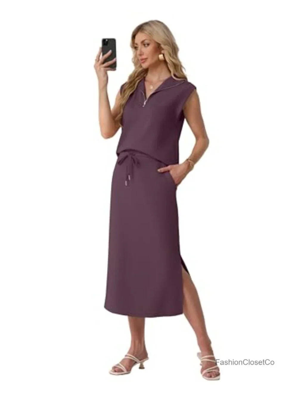 Two Piece Skirt Set | Half Zip Cap Sleeve Top | Maxi Skirt with Pockets | 4-Way